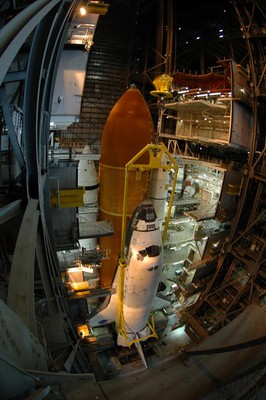 Space Shuttle Discovery being mated to Solid Rocket Boosters and External Tank