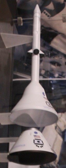 model of Orion crew capsule with escape system at the top