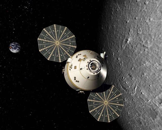 Orion orbits the moon with disc-shaped solar arrays tracking the sun to generate electricity. Image Credit: Lockheed Martin Corp. 