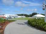 This is a picture of the setup of Kennedy Space Center's main complex. Here, people without launch transportation tickets can view shuttle launches.  Note the setup of benches and other temporary facilities. This picture was taken on  launch scrub day in summer 2006.