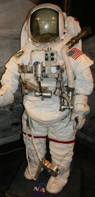A current 2007 spacesuit as worn by ISS and space shuttle astronauts on EVAs.