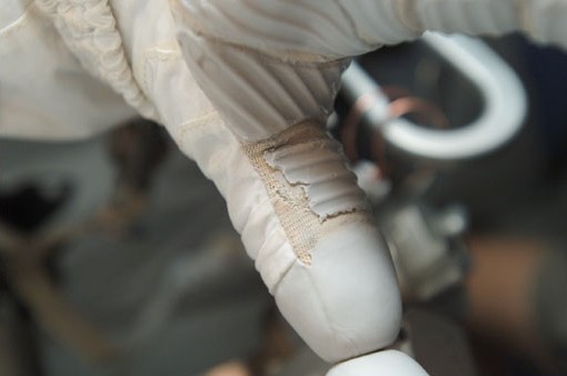 punctured space glove after STS-118 spacewalk