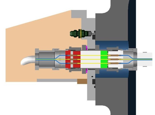 Illustration of feed-through electrical connections at the external tank liquid hydrogen tank structural interface, near the aft end of the tank.
Image Credit: NASA/MSFC 