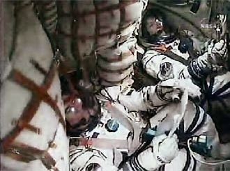 Expedition 16 Crew rockets into space inside a Soyuz capsule.