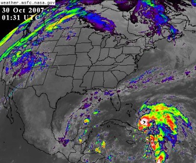 Tropical storm NOEL in the Carribian. It also brings strong winds to Florida's atlantic coast. This picture was taken on flight day 7 of the STS-120 mission.
Image Credit: GEOS/NASA