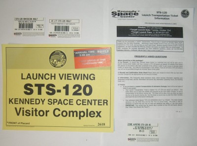 The ticket set I received for the Discovery's STS-120 launch on October, 23rd 2007.