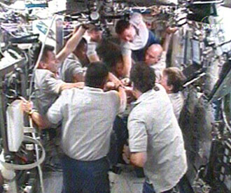The STS-120 and Expedition 16 crew members bid farewell to each other.