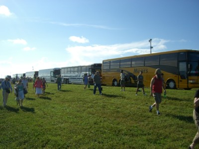 Busses, busses, busses arrive at NASA causeway.