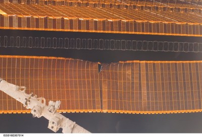 A view of a damaged P6 4B solar array wing on the International Space Station. NASA halted the deployment -- which is about 80 percent complete -- to evaluate the damage.
Image Credit: NASA