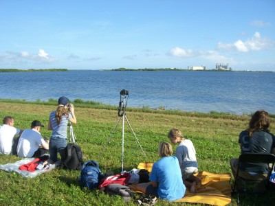 At the NASA Causeway viewing site. In the middle, you can see my camera, the one that I used to take the good shuttle launch pictures with.