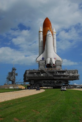 Space Shuttle Discovery approaches Launch Pad 39A. Discovery arrived at its seaside launch pad around noon and was hard down at 1:15 p.m.