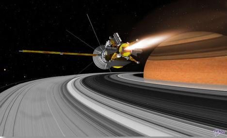 Cassini schwenkt in den Saturn-Orbit ein (knstlerische Darstellung)