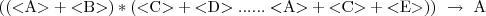 \begin{displaymath}((\mbox{$<$A$>$}+\mbox{$<$B$>$})*(\mbox{$<$C$>$}+\mbox{$<$D$>... ...<$A$>$}+\mbox{$<$C$>$}+\mbox{$<$E$>$}))\ \rightarrow\ \mbox{A} \end{displaymath}