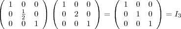 \left(
\begin{array}{ccc}
1  & 0 & 0 \\
0 & \frac{1}{2} & 0 \\
0  & 0 & 1
\end{array}
\right) \left(
\begin{array}{ccc}
1 & 0 & 0 \\
0 & 2 & 0 \\
0 & 0 & 1
\end{array}
\right) =  \left(
\begin{array}{ccc}
1 & 0 & 0 \\
0 & 1 & 0 \\
0 & 0 & 1
\end{array}
\right) = I_3
