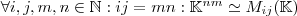 
\forall i,j,m,n \in \mathbb{N} : ij = mn : \mathbb{K}^{nm } \simeq M_{ij}(\mathbb{K}) 